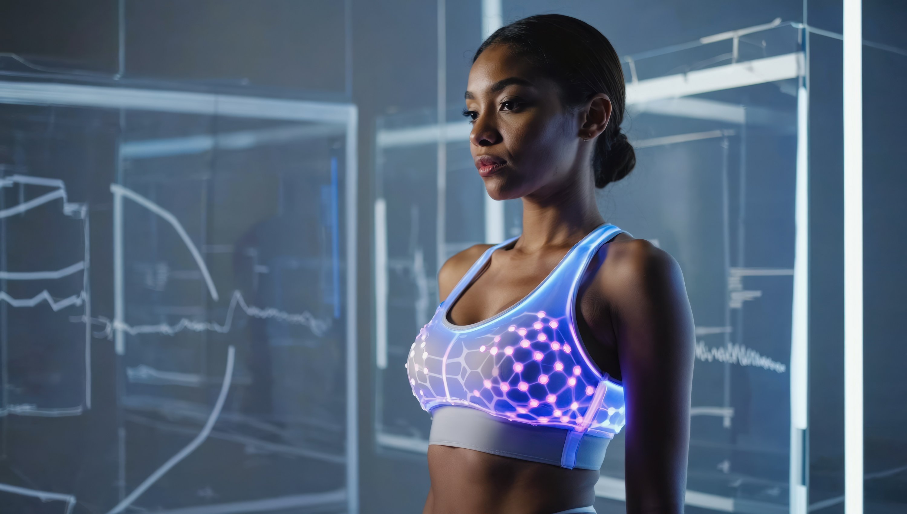 decorative image, woman with intelligent sports bra, technological graphics