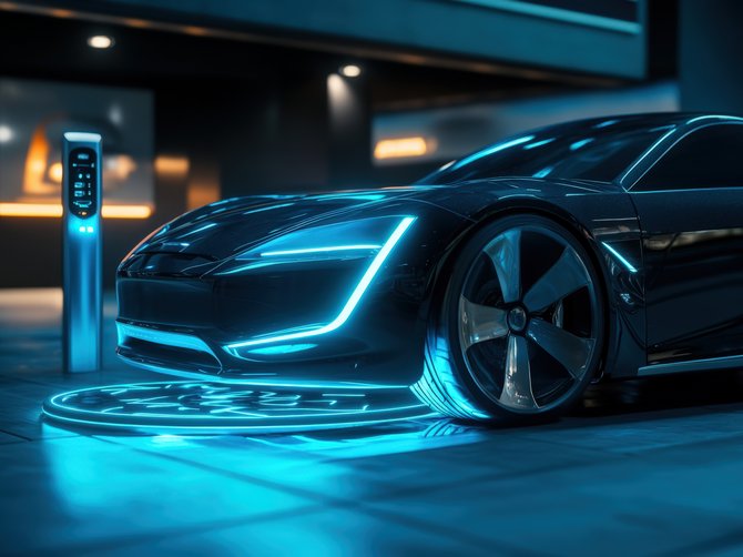 Futuristisches Elektroauto auf kabelloser Ladefläche