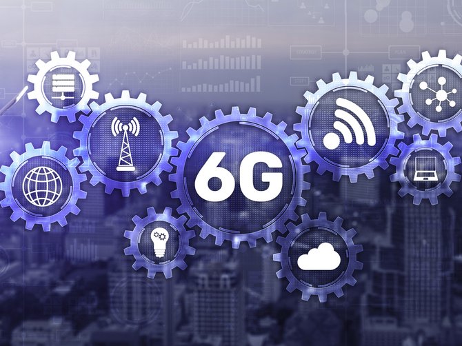 Stockfoto with different gears. In the biggest one in the middle "6G" is written. Around are icons such as a cloud, a network, a globe etc.