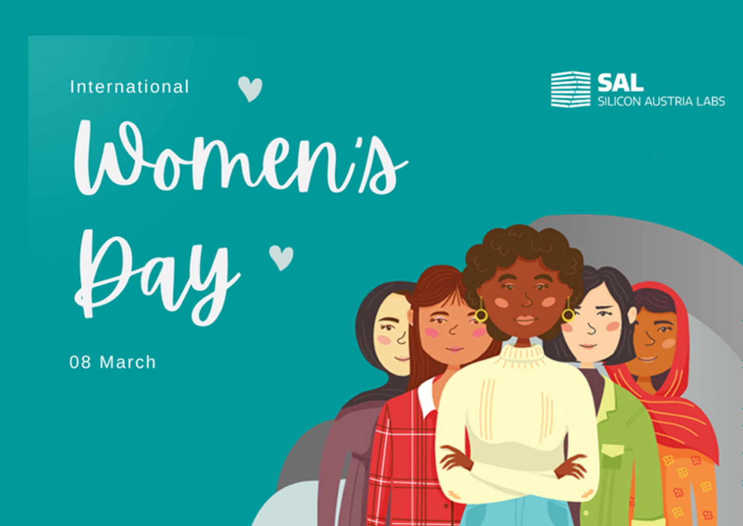 turquoise background with SAL logo and the text "International Women's Day, 08 March". In the bottom left corner is a drawing of women of different ages and skin colors. 